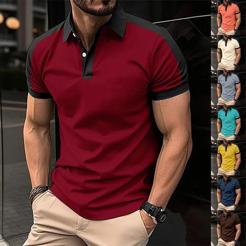Men's short sleeve business shirt in red with black collar and sleeve cuffs, stylish cotton blend polo for summer casual wear