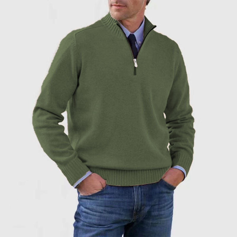 Men's Stand Collar Zipper Sweater Winter Fashion Solid Color Long Sleeve Knitted Top Clothing - SMSB 66