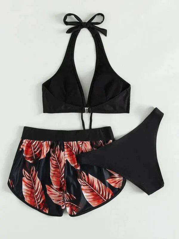 3pcs leaf print bikini set with black halter top, red leaf print shorts, and black bikini bottoms summer swimsuit