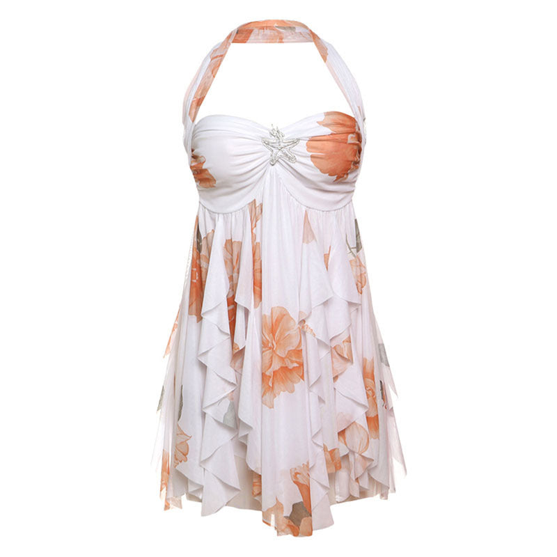 White and orange floral halter neck backless summer dress with ruffled short skirt