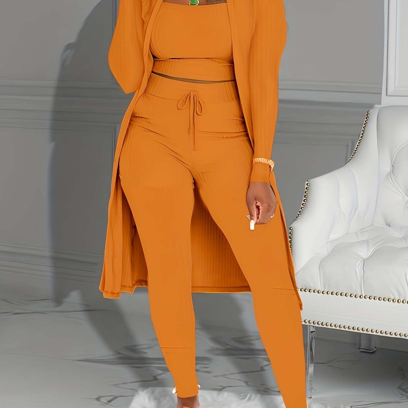 Casual Ribbed 3pcs Set, Crop Tank Top + High Waist Drawstring Pants + Longline Cardigan Outfits, Women's Clothing - SMSB 66