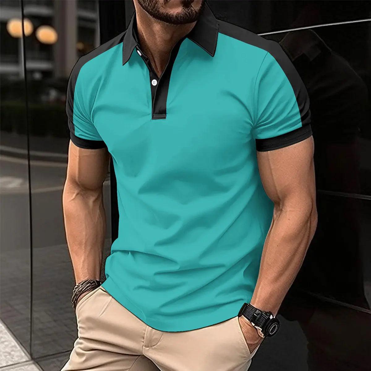Men's short sleeve business shirt in turquoise with black collar and sleeves, casual summer polo style, cotton blend fabric