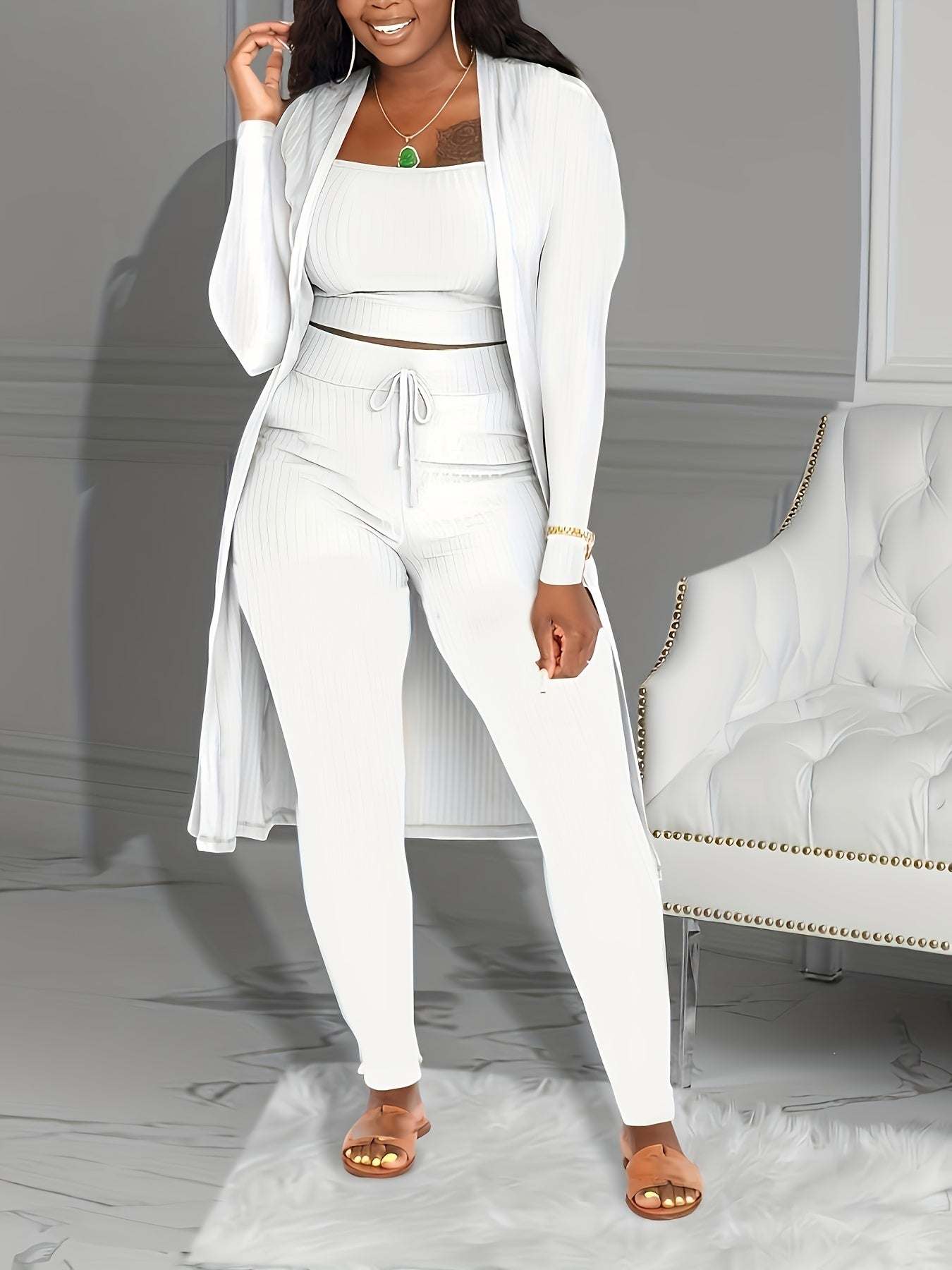 Casual Ribbed 3pcs Set, Crop Tank Top + High Waist Drawstring Pants + Longline Cardigan Outfits, Women's Clothing - SMSB 66