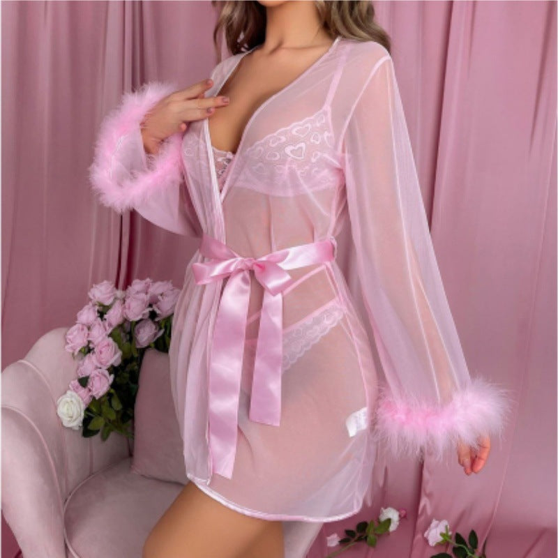 Christmas outfit lace see through uniform jacket bra lingerie three piece set nightgown - SMSB 66