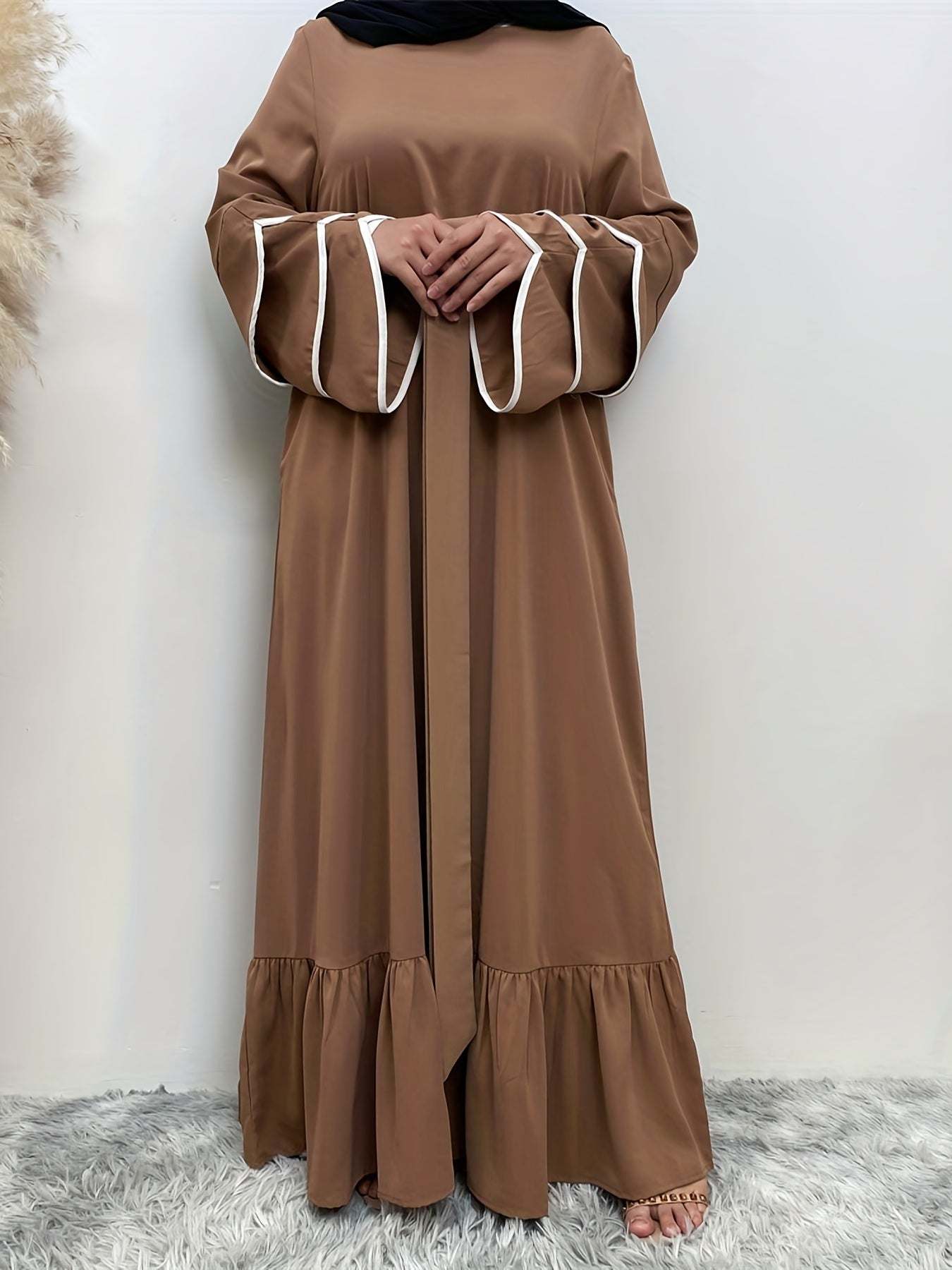 Solid Petal Sleeve Crew Neck Loose Modest Dress, Elegant Tie Waist Ruffled Hem Dress, Women's Clothing - SMSB 66