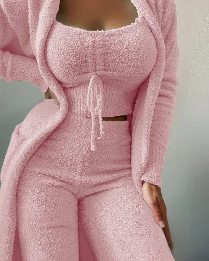 Fuzzy Three-Piece Set Tie-Up Pajama Set Casual Lounge Wear Women's Sleepwear Set eprolo