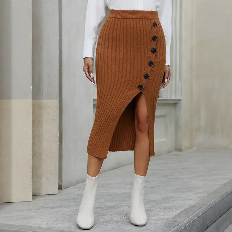 Elegant style knitted hip hugging slit solid color skirt eprolo