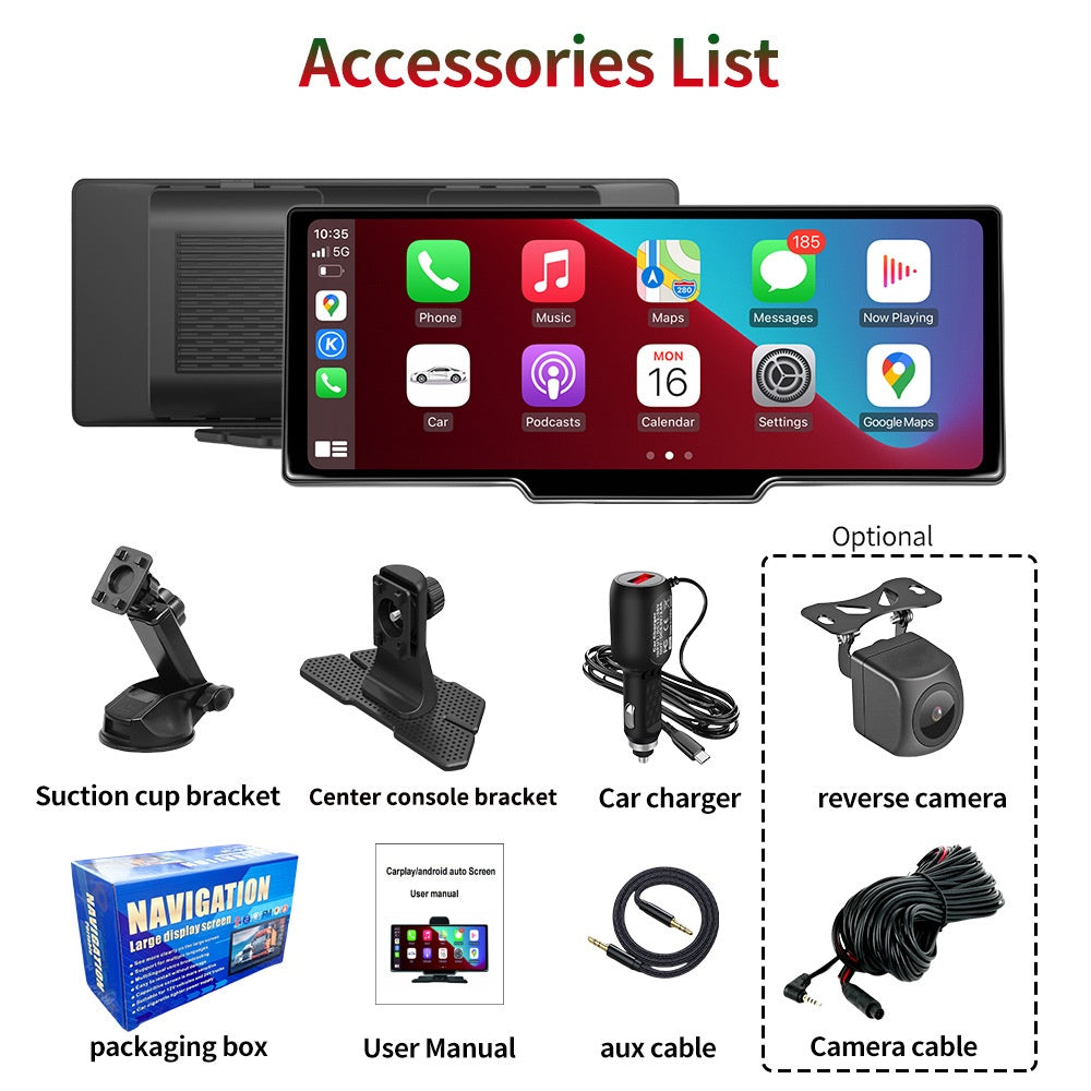  10.26-inch Portable Car Central Control Smart Screen with Wireless CarPlay, Android Auto, Bluetooth, and AHD Backup Camera #