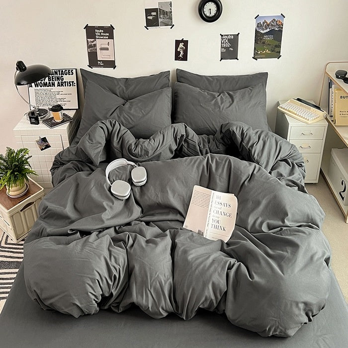 Washed Cotton Solid Color Double Spliced Four-Piece Bedding Set - Sheet, Quilt Cover, Pillowcases for Employee and Dormitory Use - SMSB 66