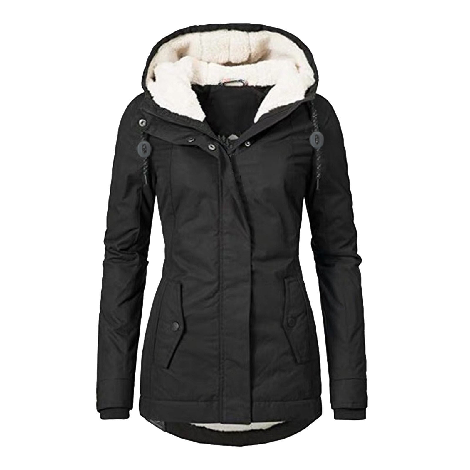 Winter Hooded Jacket Solid Color Warm Buckle Zip-up Fleece Jacket With Pockets Women's Casual Jacket - SMSB 66