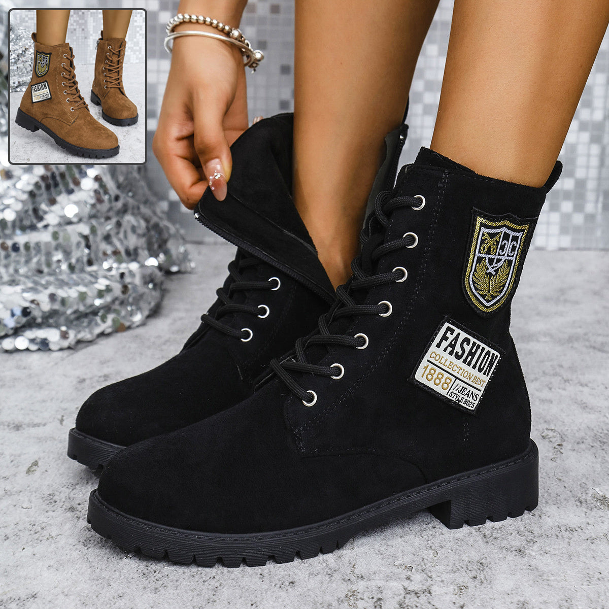 Fashion Lace-up Chunky Heels Boots Winter Round Toe Shoes For Women - SMSB 66
