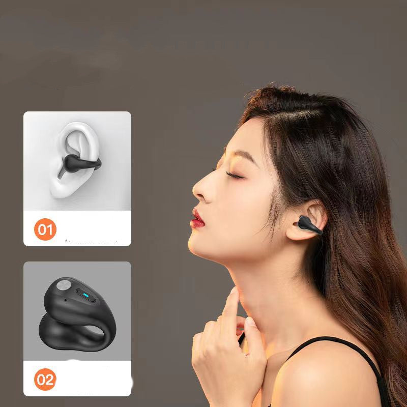 Bone conduction headphones wireless ear clip earbuds in black worn by woman for sports and calls