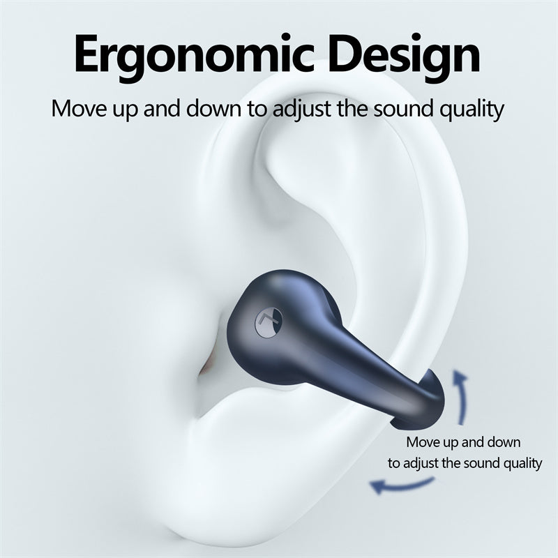 Ergonomic bone conduction headphones showing adjustable touch control on ear clip with Bluetooth 5.3 wireless design
