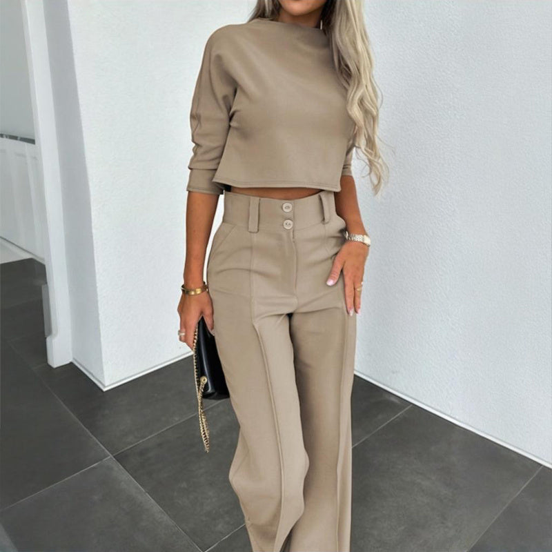 Women's Elegant Solid Color Half Sleeve Short Top With Straight Leg Pants Two-Piece Office Wear Suit With Pockets - SMSB 66