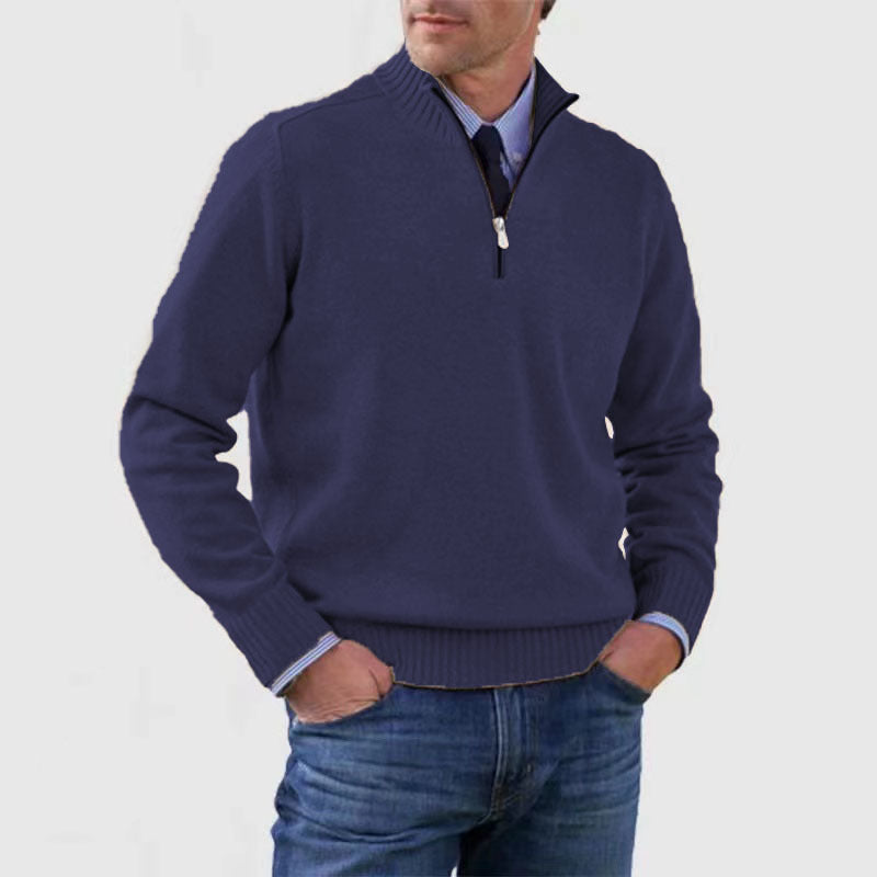 Men's Stand Collar Zipper Sweater Winter Fashion Solid Color Long Sleeve Knitted Top Clothing - SMSB 66