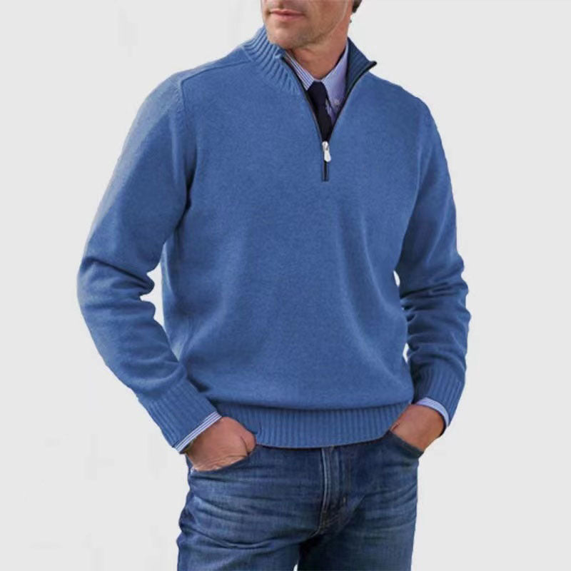 Men's Stand Collar Zipper Sweater Winter Fashion Solid Color Long Sleeve Knitted Top Clothing - SMSB 66