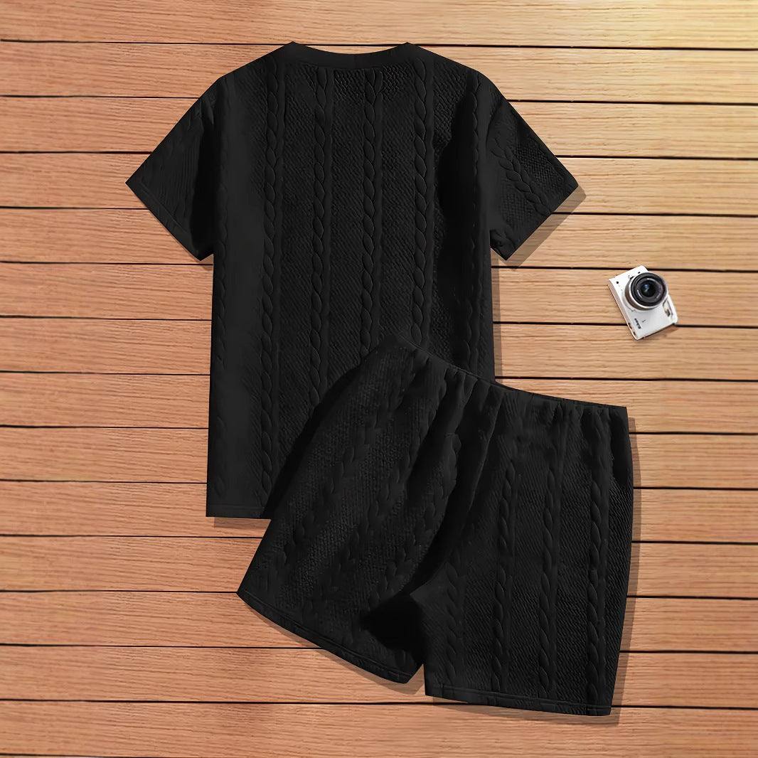 Men's solid color patch design ribbed short sleeve T-shirt and shorts set in black sportswear