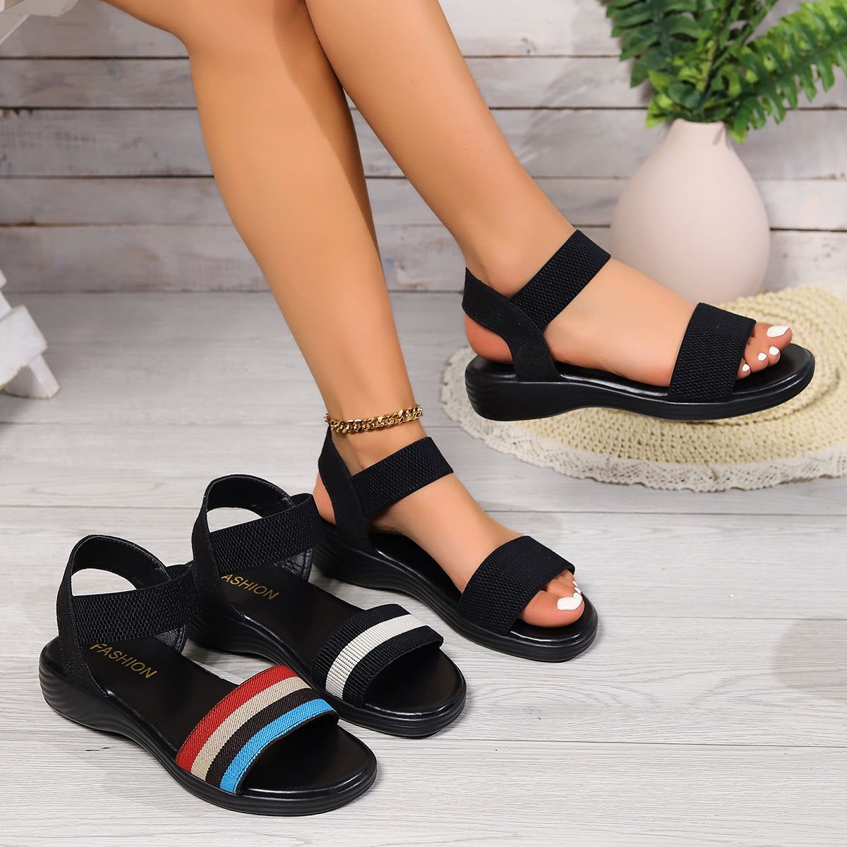 Black fashion color-block elastic sandals with fish mouth toe and flat rubber sole for women summer style