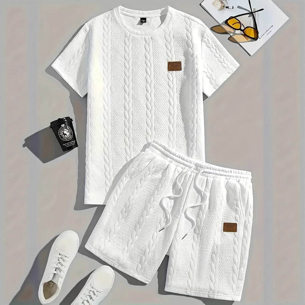 Men's solid color patch design white short sleeve T-shirt and shorts two-piece sports set