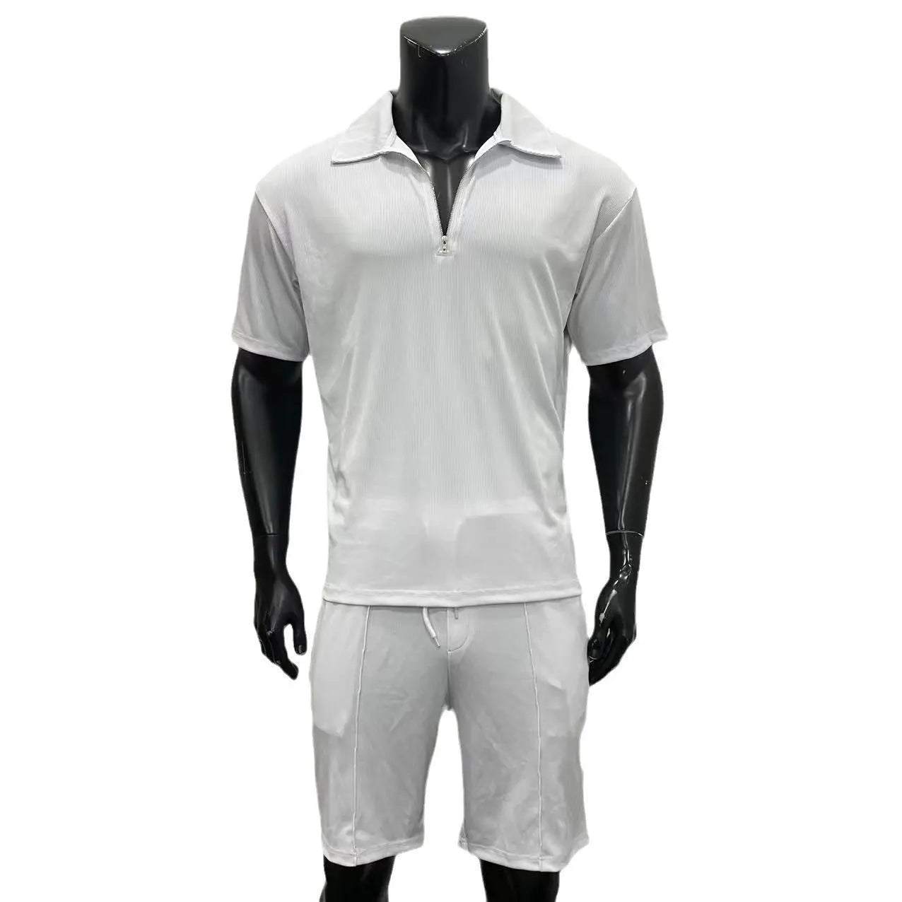 White summer fashion men's clothing set with zipper polo and drawstring shorts on mannequin