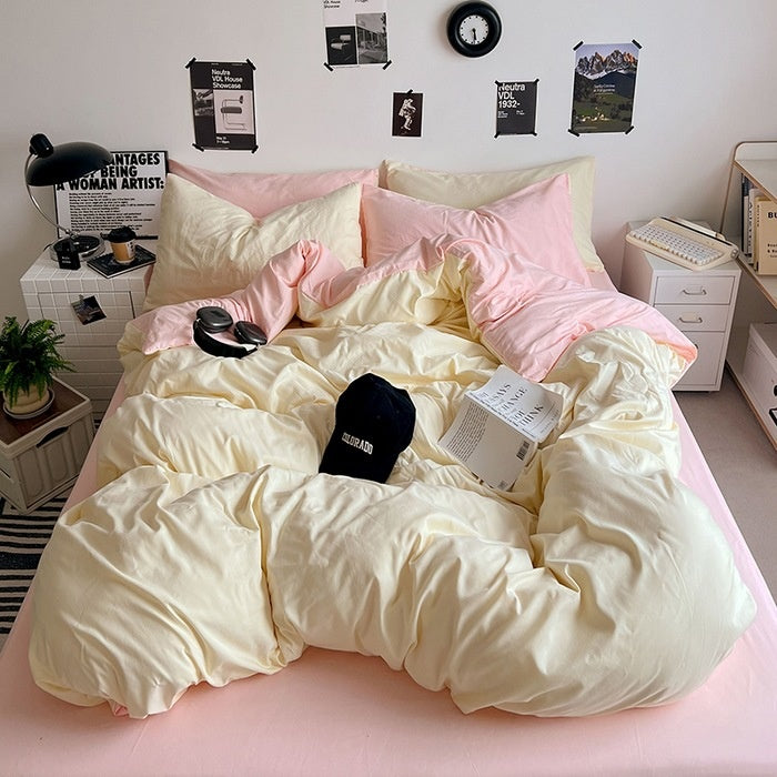 Washed Cotton Solid Color Double Spliced Four-Piece Bedding Set - Sheet, Quilt Cover, Pillowcases for Employee and Dormitory Use - SMSB 66