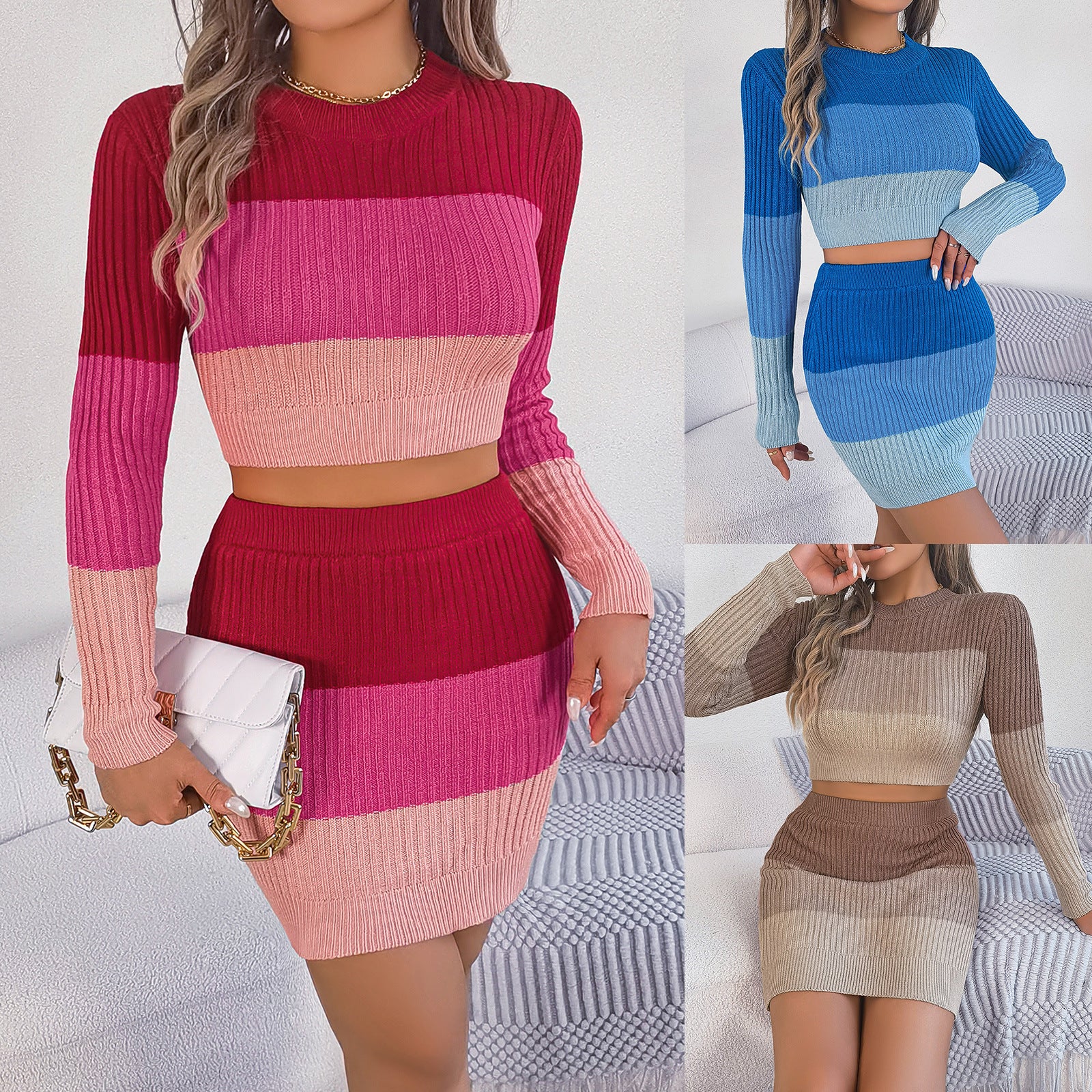 Color blocked long sleeved crop top hip hugging skirt knitted suit - SMSB 66