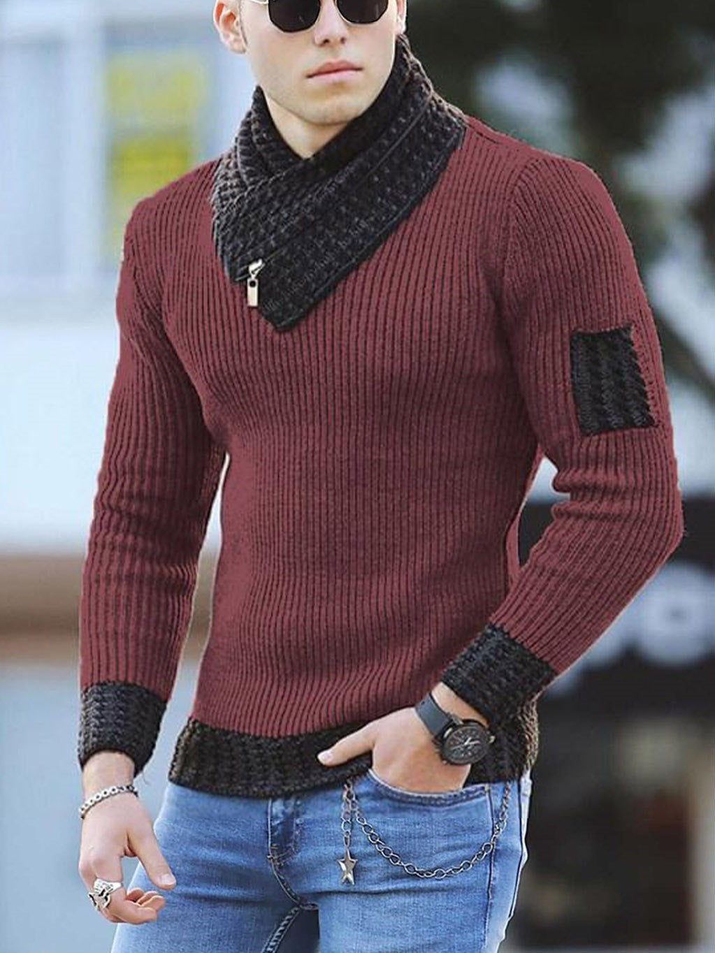Independent Station Casual Slim Knit Pullover Long-sleeved Scarf Collar Sweater Men's - SMSB 66