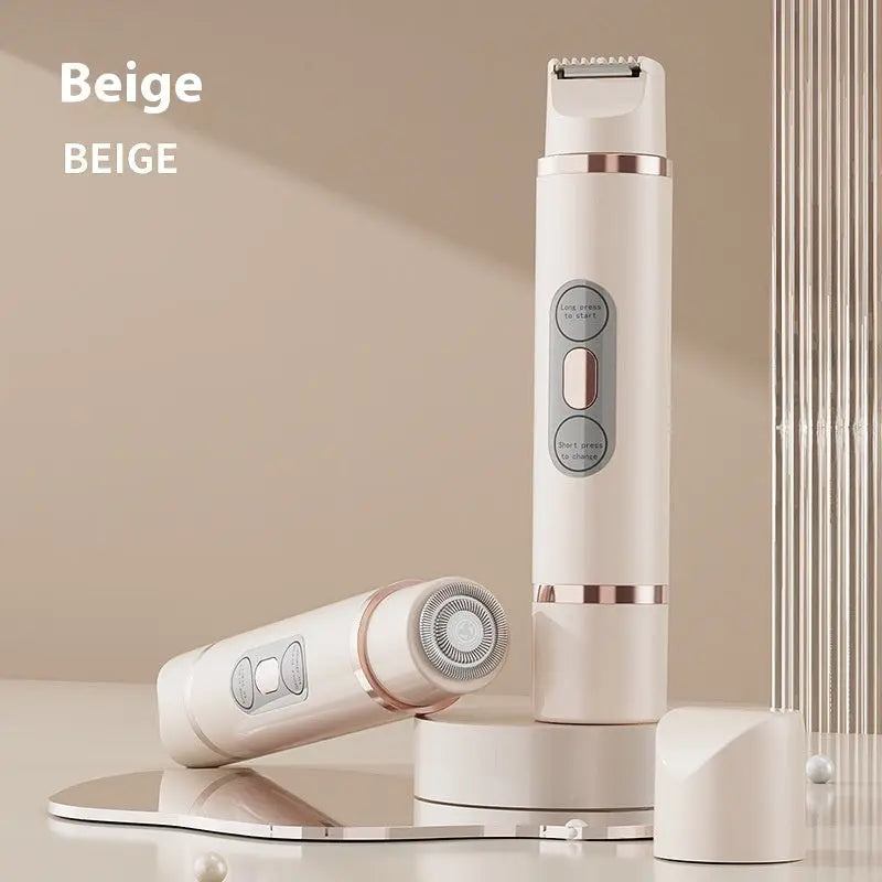 Beige dual-head electric shaver for women with USB charging, waterproof and hypoallergenic hair removal device for face, body, and bikini area.