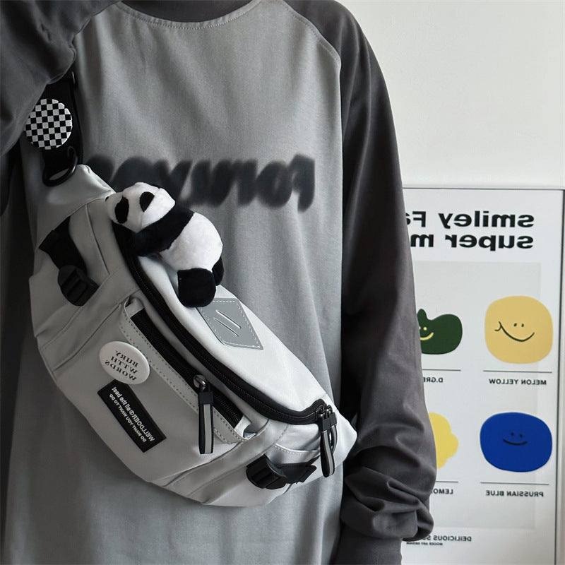 Men's sports chest bag large capacity gray crossbody bag with plush panda accessory