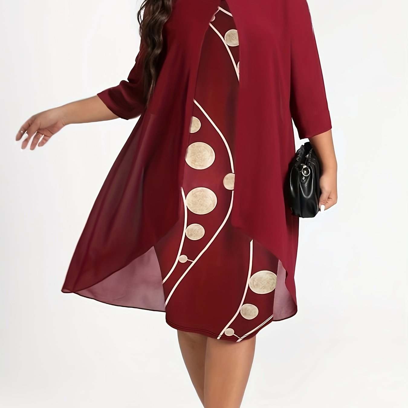 [Elegant Abstract Print Dress] Elegant 3/4 Sleeve Abstract Print Layered Dress - Women's Clothing, Crew Neck - SMSB 66