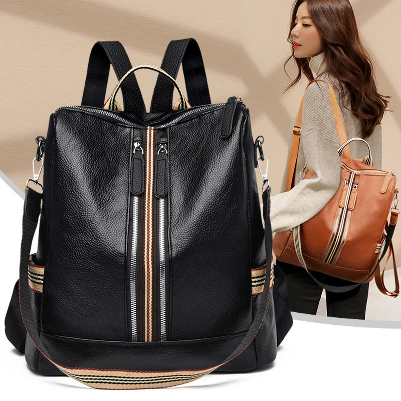 Fashionable black and brown PU leather student backpacks with vertical square shape and striped zipper design