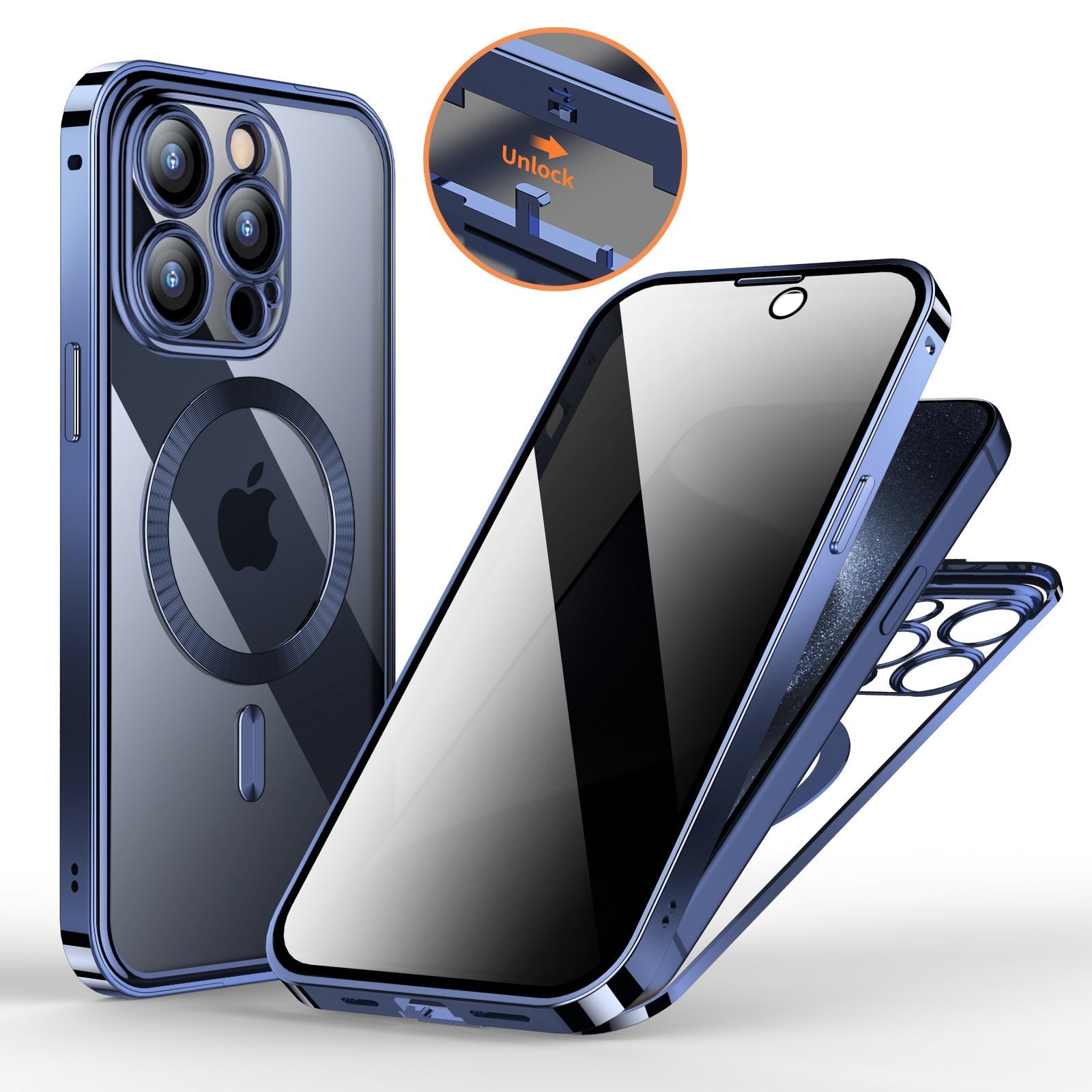 Anti-Privacy Metal Buckle wireless charging phone case with double-sided lens full cover in blue