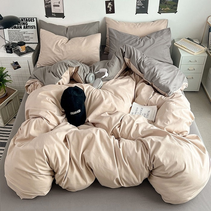 Washed Cotton Solid Color Double Spliced Four-Piece Bedding Set - Sheet, Quilt Cover, Pillowcases for Employee and Dormitory Use - SMSB 66