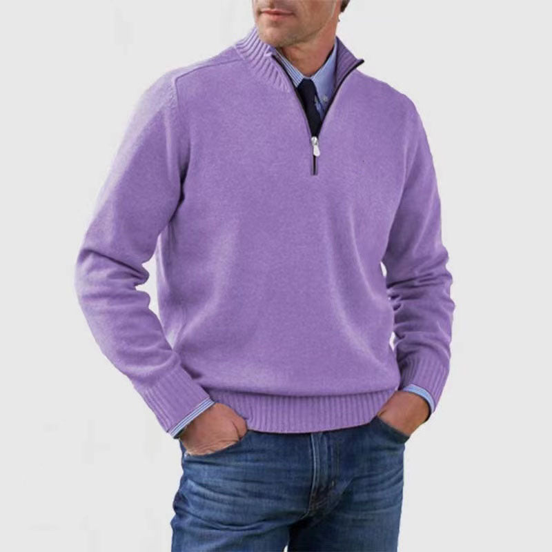 Men's Stand Collar Zipper Sweater Winter Fashion Solid Color Long Sleeve Knitted Top Clothing - SMSB 66