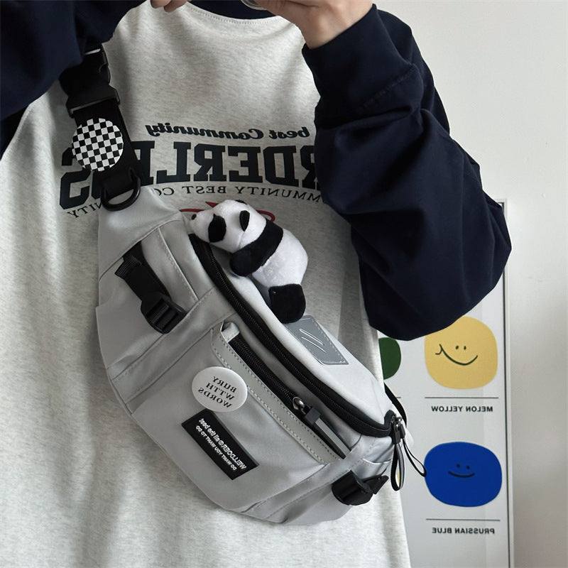 Gray large-capacity men's sports chest bag with panda pendant and adjustable strap