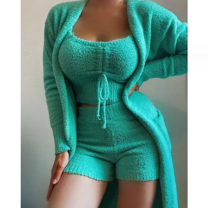 Fuzzy Three-Piece Set Tie-Up Pajama Set Casual Lounge Wear Women's Sleepwear Set eprolo