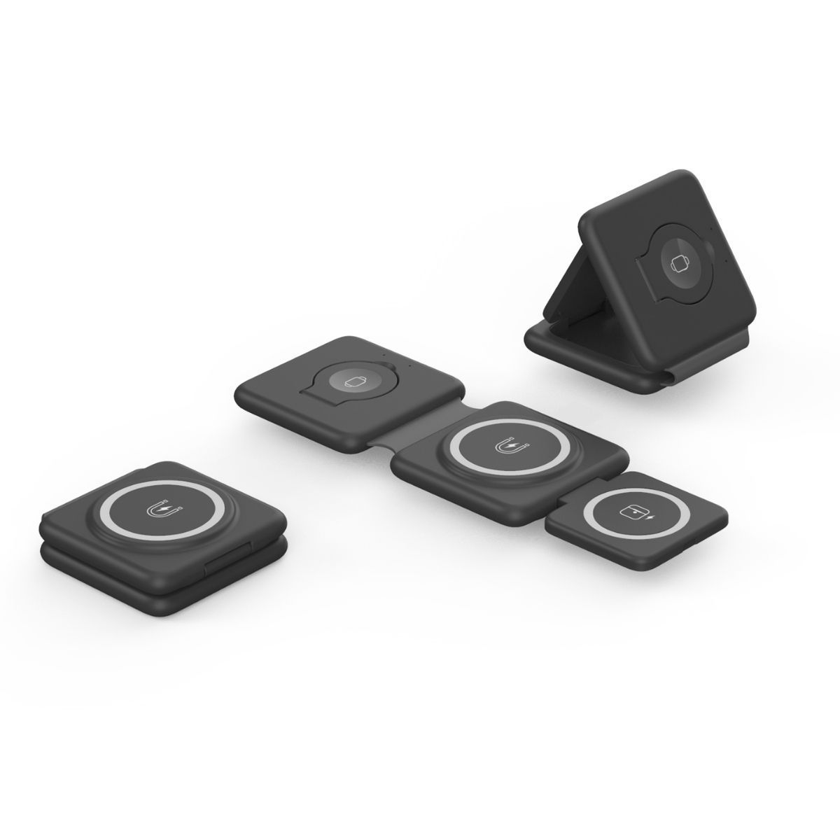 Folding Magnetic Suction 3-in-1 wireless charger with Type-C input, black compact design, portable for office and travel