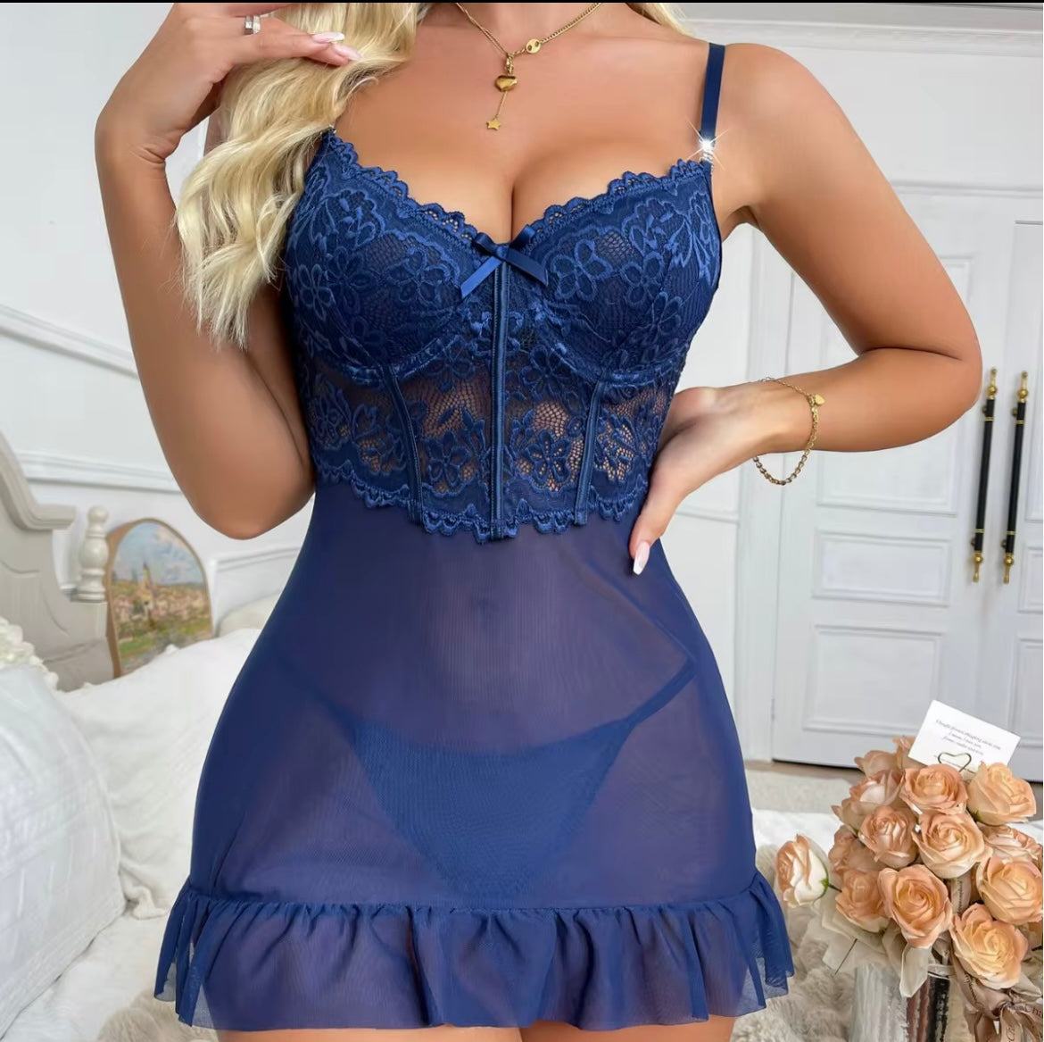 Vente en gros dentelle voir à travers glands nœud robes sexy lingerie imprimé floral ensemble de vêtements de nuit sexy - SMSB 66
