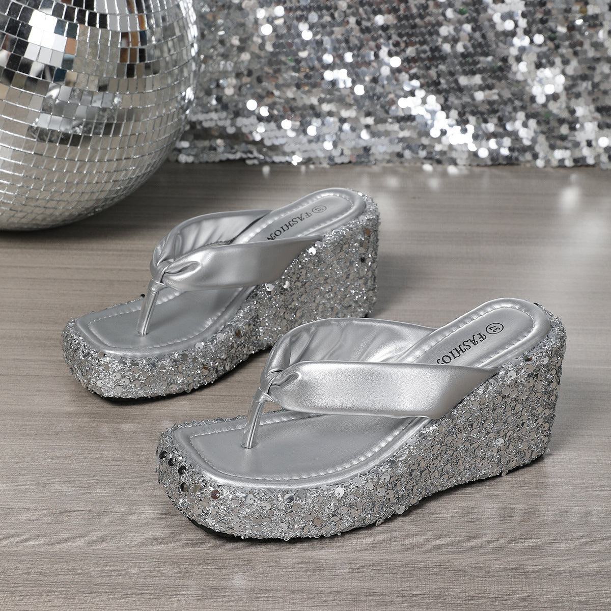 High Heels Wedge Sandals With Sequins Shiny Height Increasing Platform Flip Flops Women's Thick Bottom Shoes Beach Summer - SMSB 66