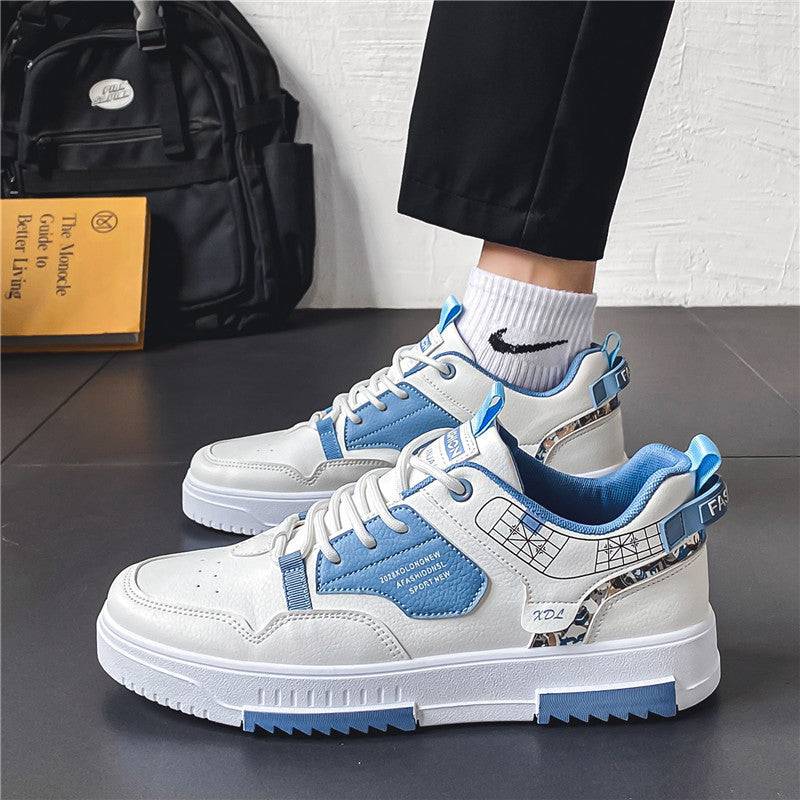 Men's fashion casual breathable sneakers with white and blue artificial PU upper, rubber sole, and front lace-up design