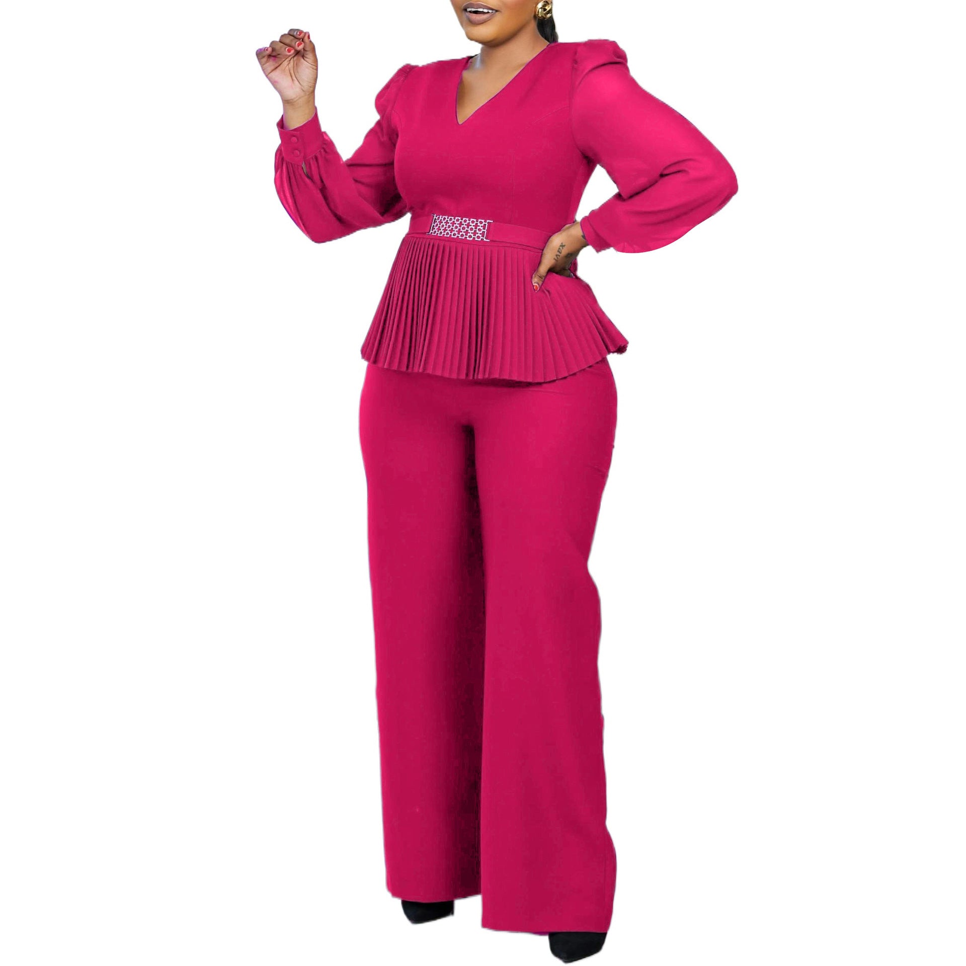 Pleated Waist Tight Top Wide Leg Pants Ol Suit - SMSB 66