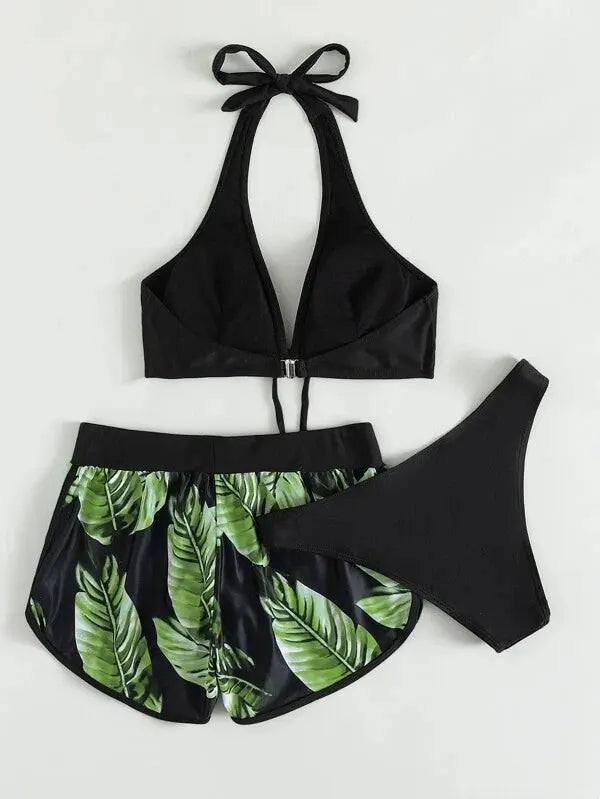 3pcs leaf print bikini set with black halter top and shorts for women summer beachwear