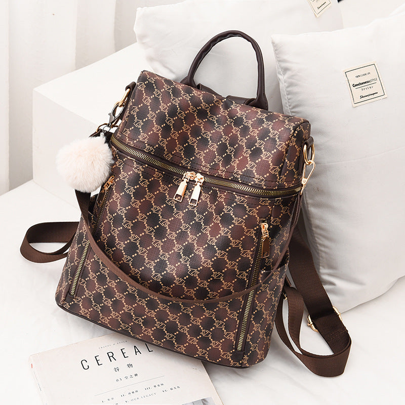 Women's double shoulder casual backpack in brown PU leather with printed pattern and gold zippers