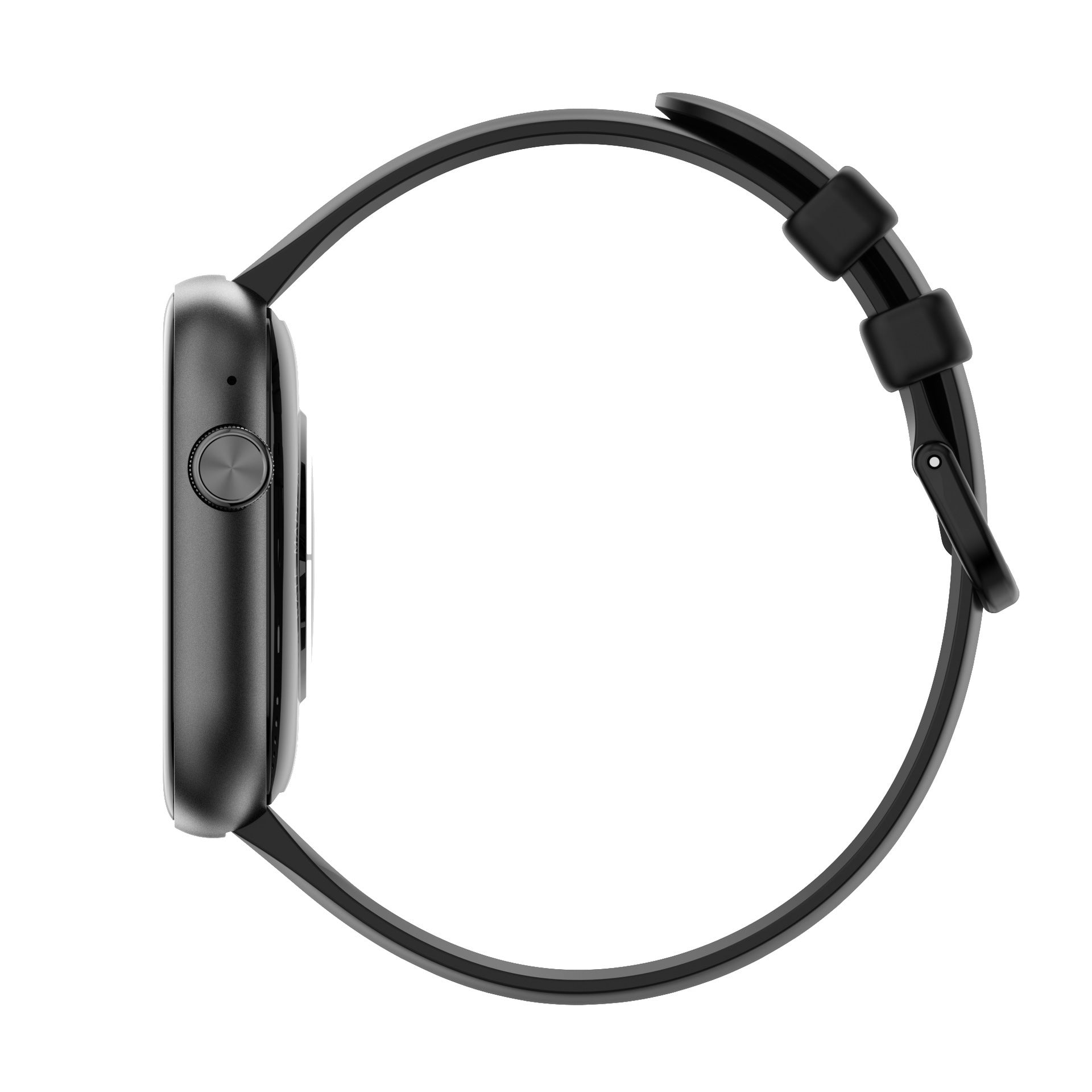 Side view of black P89 smart watch with full screen touch display and wireless charger compatibility