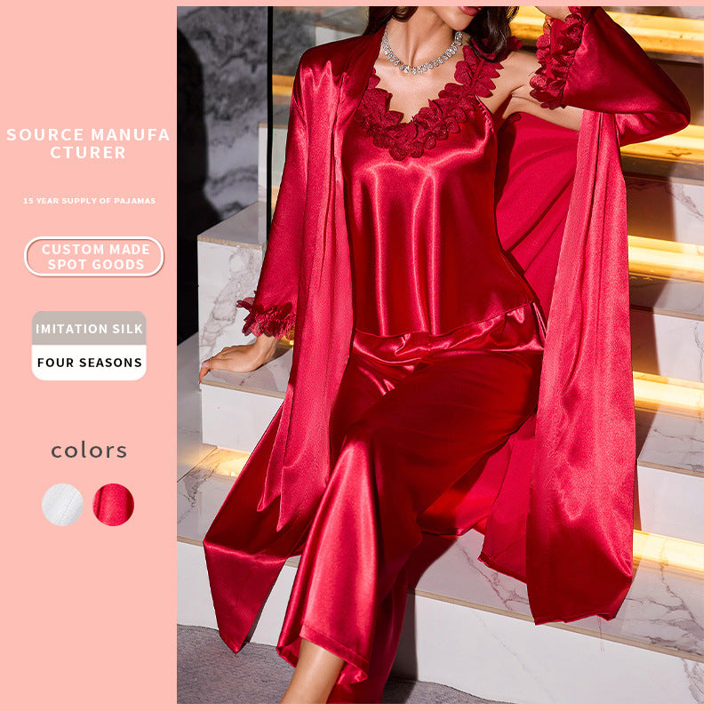 Comfortable Wearable at Home Camisole Shorts Robe Three-Piece Set - SMSB 66