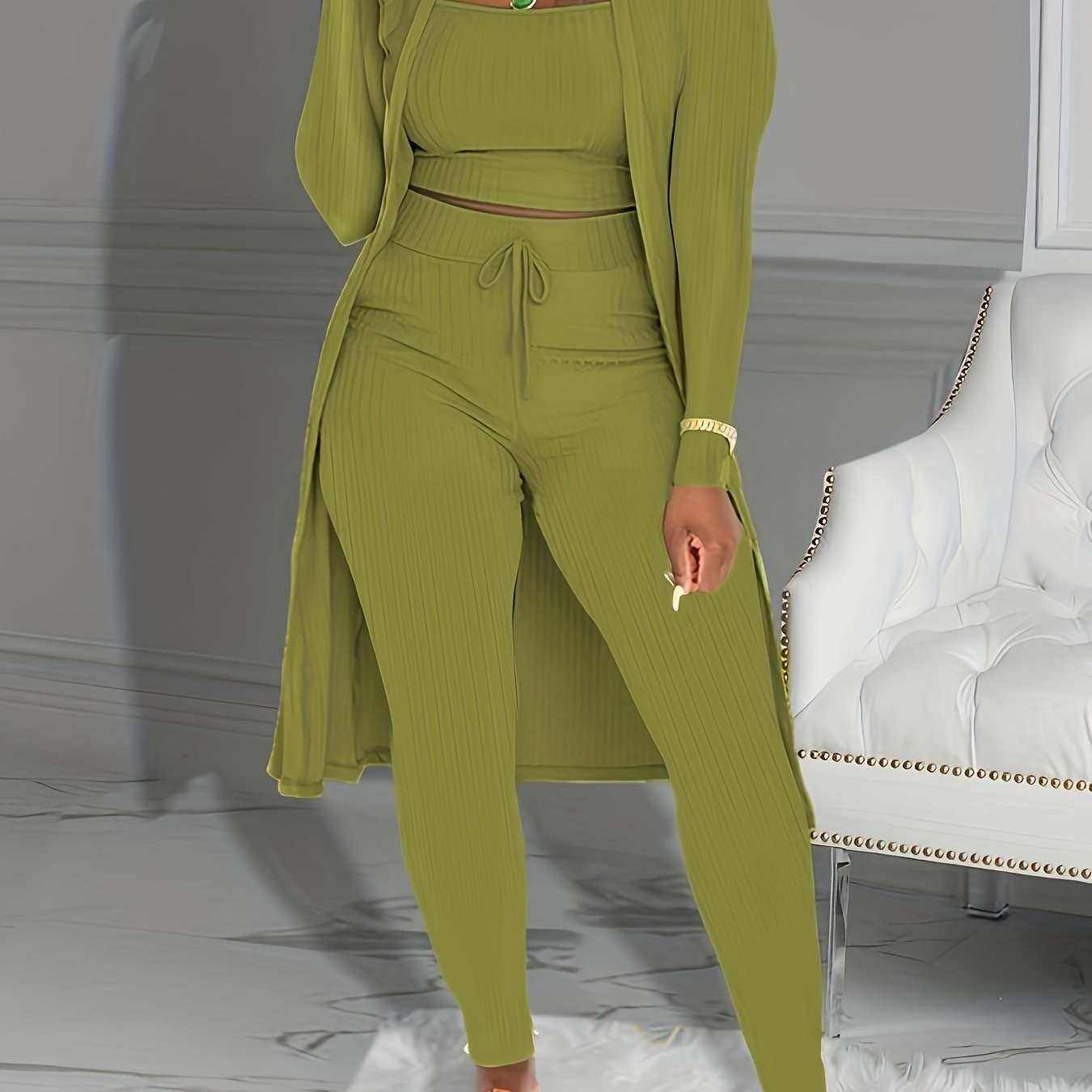 Casual Ribbed 3pcs Set, Crop Tank Top + High Waist Drawstring Pants + Longline Cardigan Outfits, Women's Clothing - SMSB 66