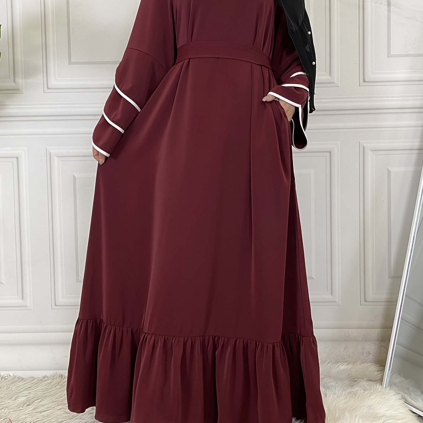 Solid Petal Sleeve Crew Neck Loose Modest Dress, Elegant Tie Waist Ruffled Hem Dress, Women's Clothing - SMSB 66