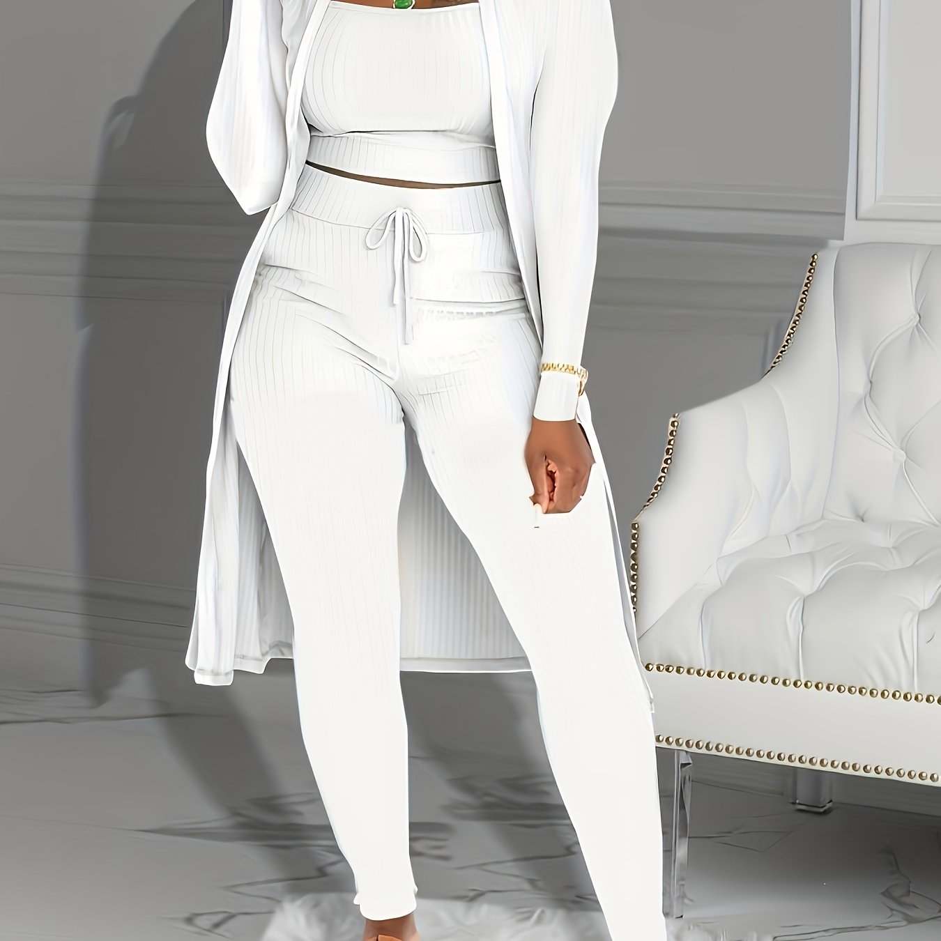 Casual Ribbed 3pcs Set, Crop Tank Top + High Waist Drawstring Pants + Longline Cardigan Outfits, Women's Clothing - SMSB 66