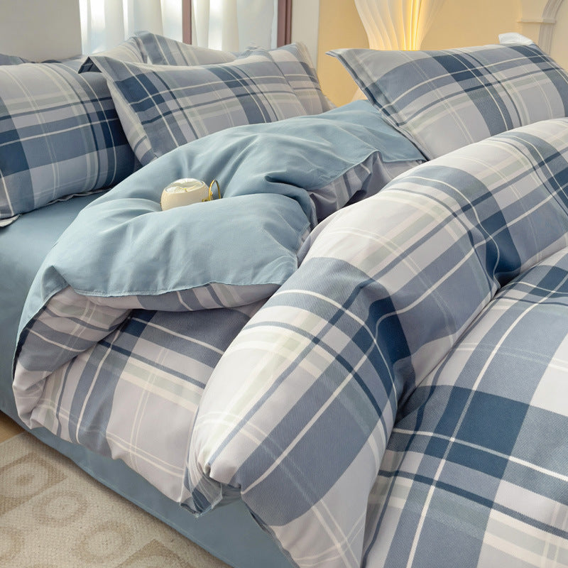 Minimalist Pure Water-Washed Cotton Bedding Set Flannel Grid Good Quality Fitted Sheet Version Student Dormitory Three-Piece Set - SMSB 66