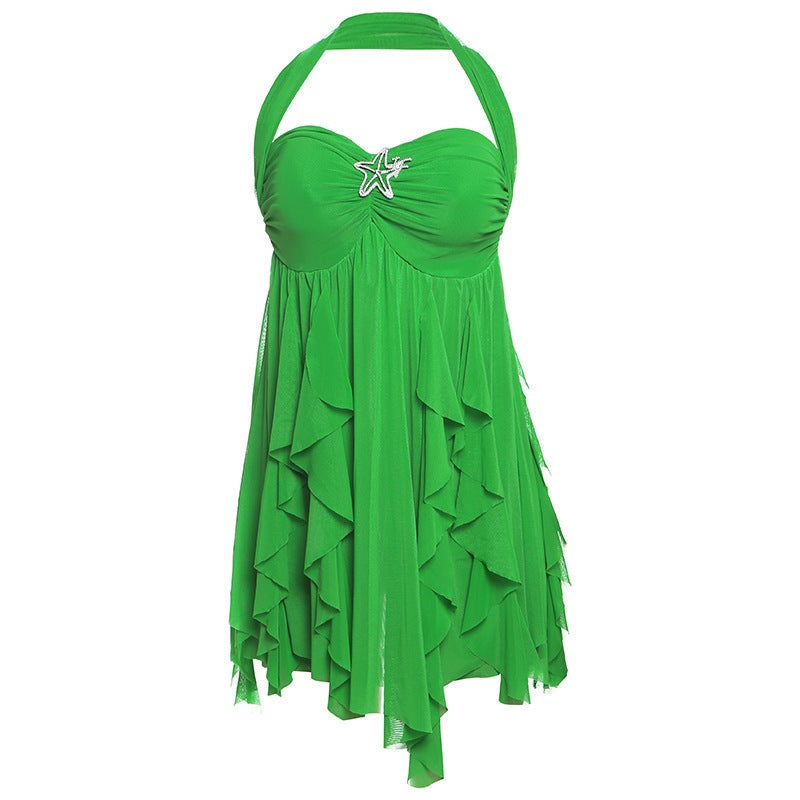 Green halter neck backless dress with ruffled asymmetrical hem for summer party